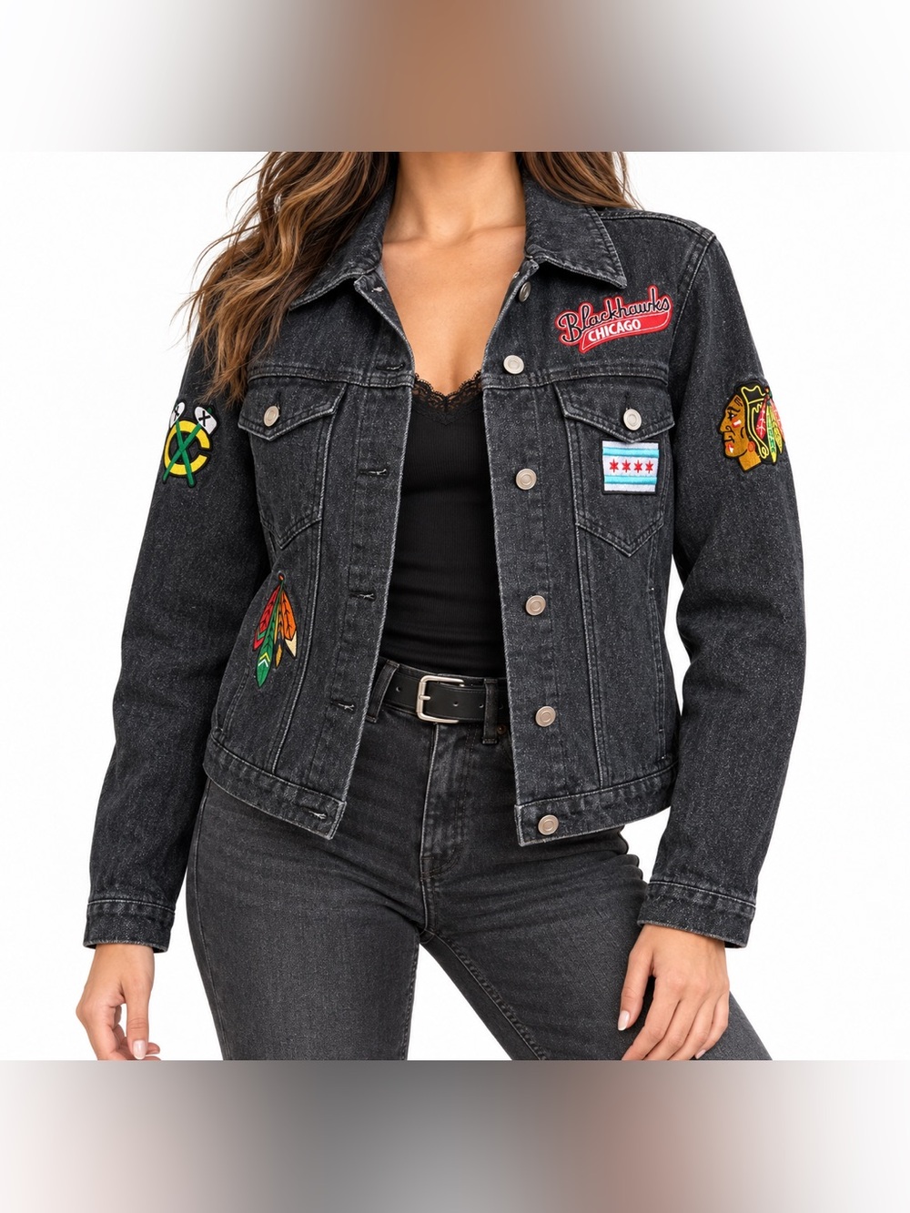 The Wild Collective Blackhawks Black Denim Patch Jacket Plaid Grunge Small